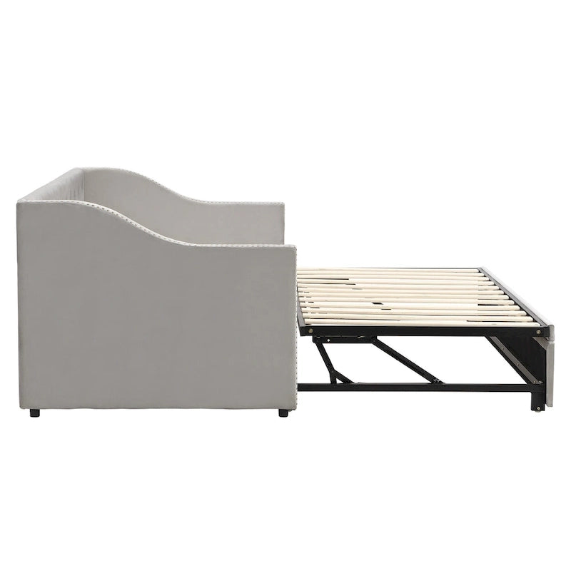 Lit de repos capitonné simple avec lit gigogne escamotable, Beige