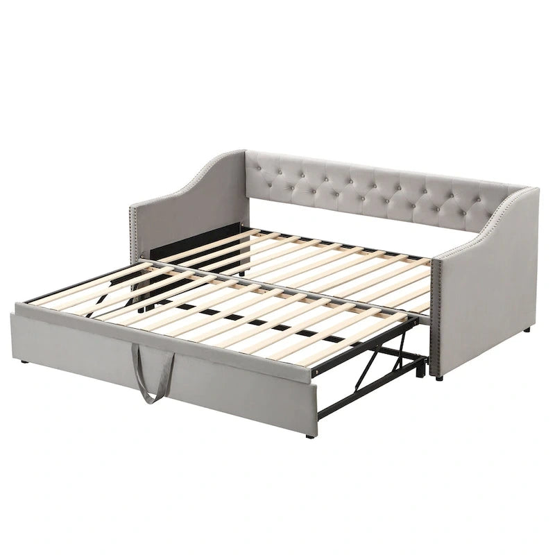 Lit de repos capitonné simple avec lit gigogne escamotable, Beige