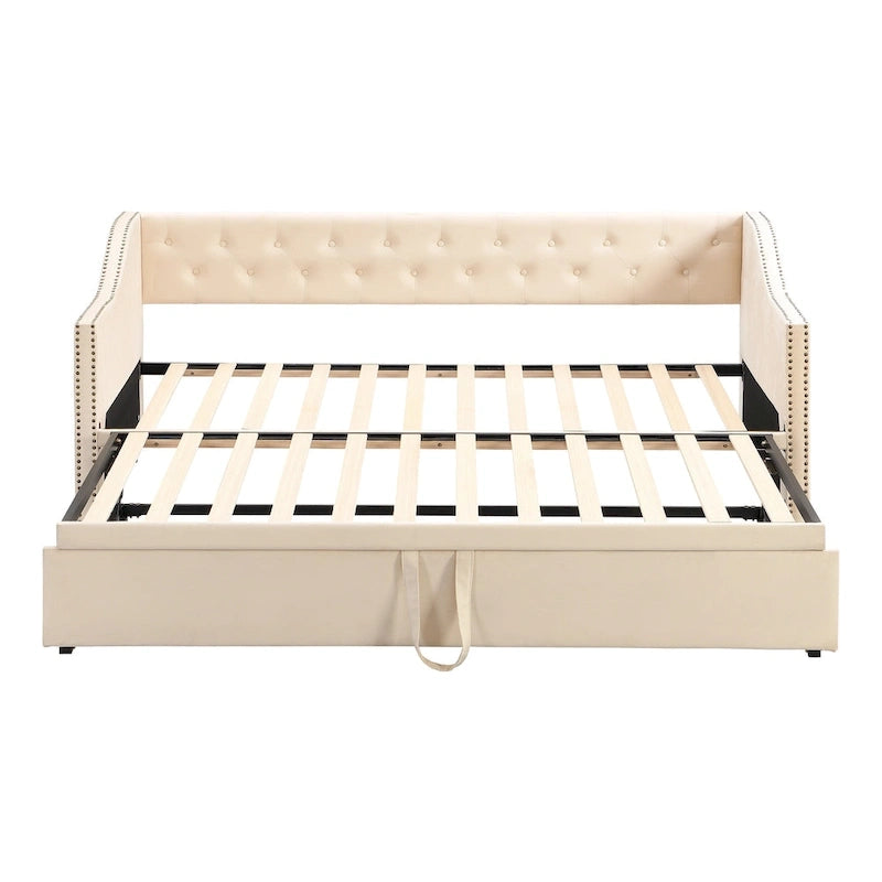 Lit de repos capitonné simple avec lit gigogne escamotable, Beige