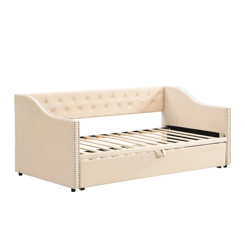 Lit de repos capitonné simple avec lit gigogne escamotable, Beige