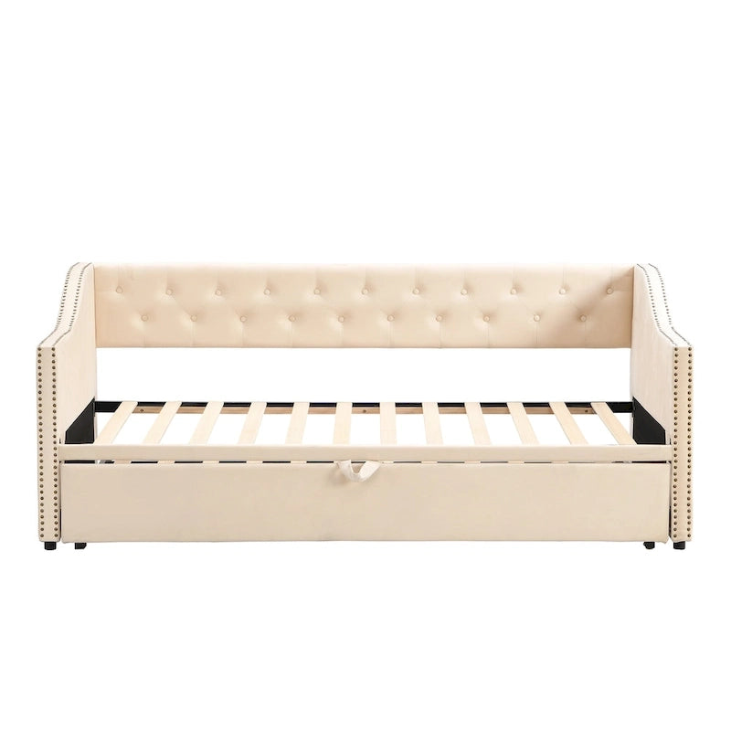 Lit de repos capitonné simple avec lit gigogne escamotable, Beige