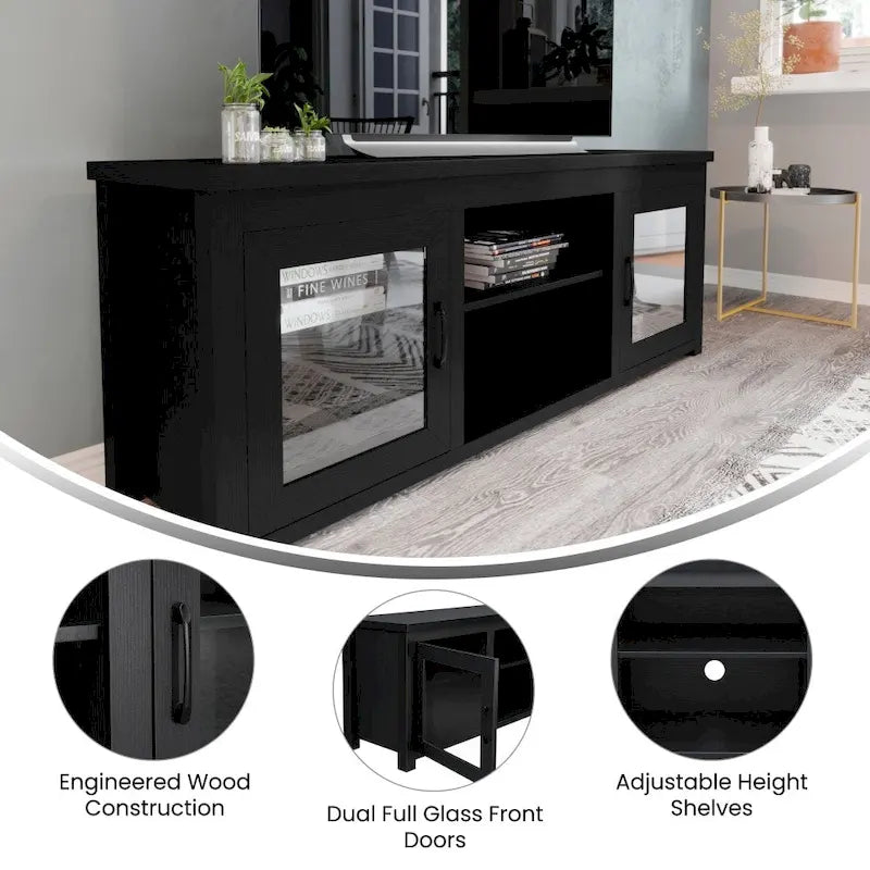 Meuble TV classique pour téléviseurs jusqu'à 80 pouces - Portes vitrées - Finition moderne - 65 l x 16 P x 23,625 H