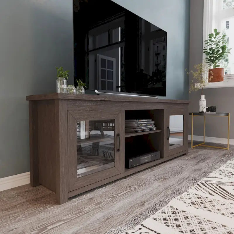 Meuble TV classique pour téléviseurs jusqu'à 80 pouces - Portes vitrées - Finition moderne - 65 l x 16 P x 23,625 H