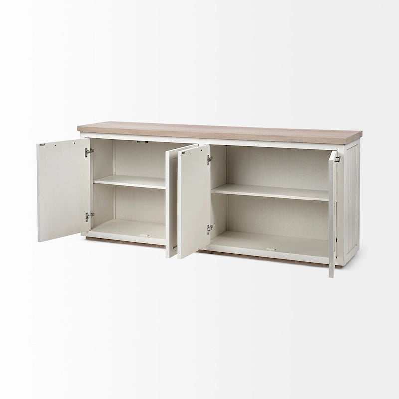Buffet en bois massif brun clair et blanc Fairview III avec 4 portes de placard – 73 po L x 17 po P x 32 po H