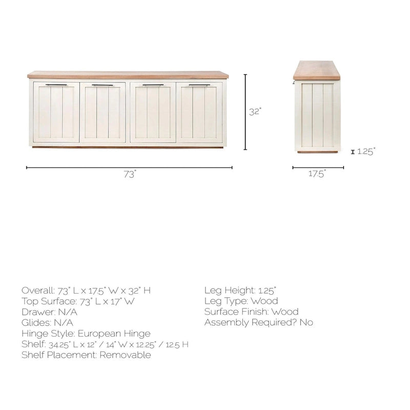 Buffet en bois massif brun clair et blanc Fairview III avec 4 portes de placard – 73 po L x 17 po P x 32 po H