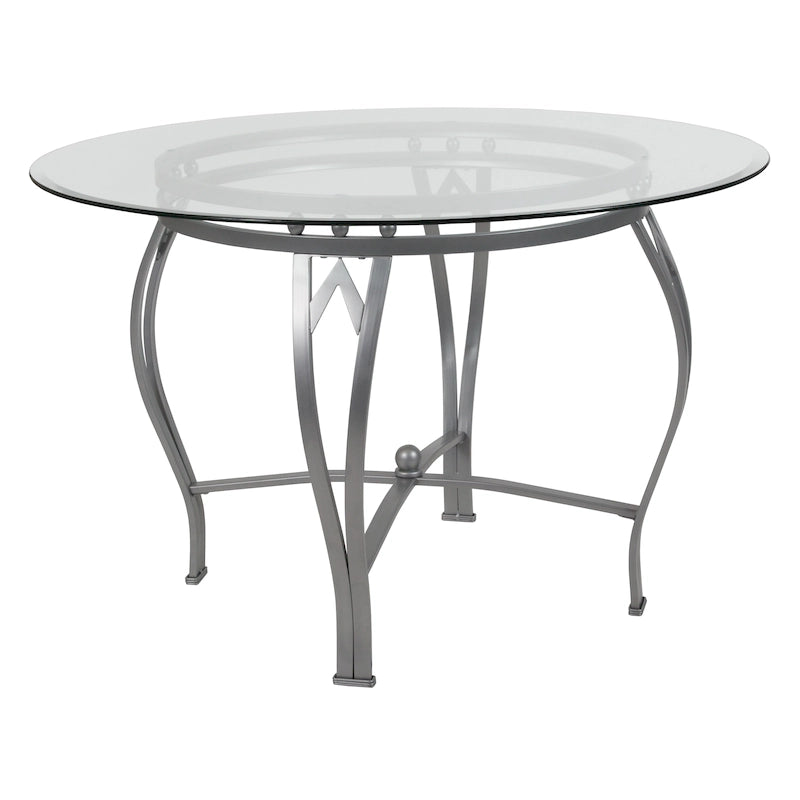 Table à manger ronde Syracuse 45 en verre avec cadre métallique incurvé