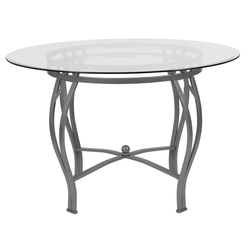 Table à manger ronde Syracuse 45 en verre avec cadre métallique incurvé