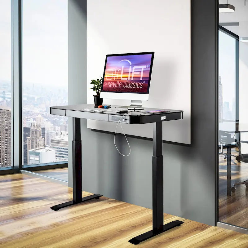AIRLIFT Plateau de bureau électrique debout en verre trempé de 47,5 pouces, double port de charge USB 2,4 A, hauteur réglable jusqu'à 47,5 pouces de haut