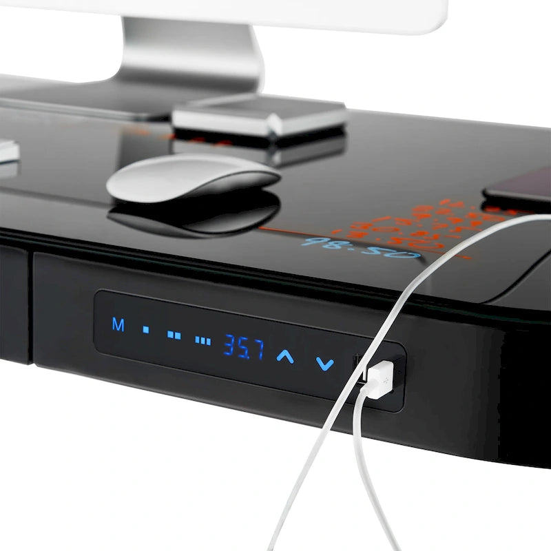 AIRLIFT Plateau de bureau électrique debout en verre trempé de 47,5 pouces, double port de charge USB 2,4 A, hauteur réglable jusqu'à 47,5 pouces de haut