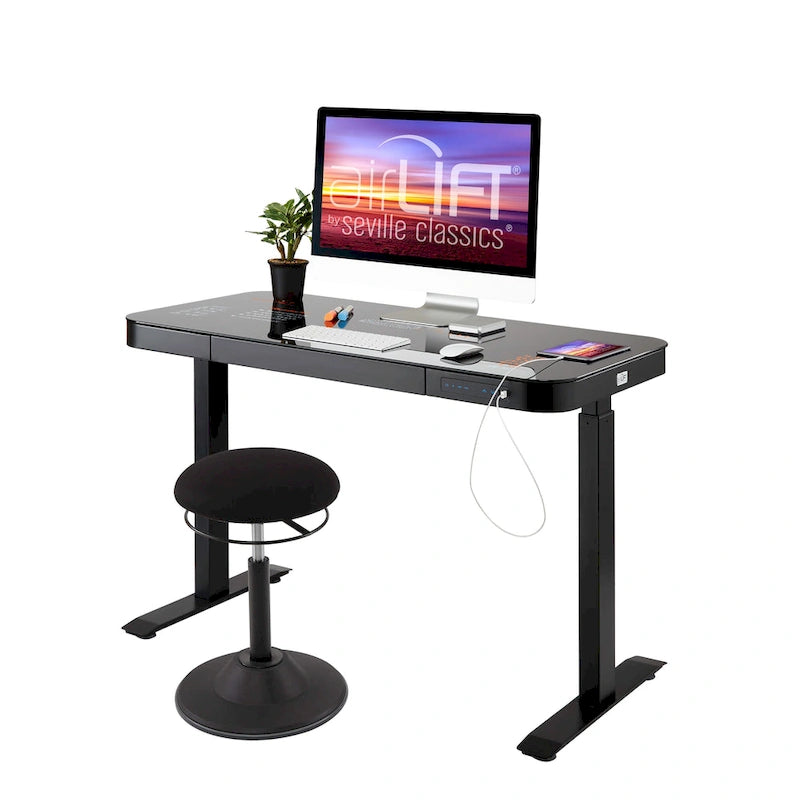 AIRLIFT Plateau de bureau électrique debout en verre trempé de 47,5 pouces, double port de charge USB 2,4 A, hauteur réglable jusqu'à 47,5 pouces de haut