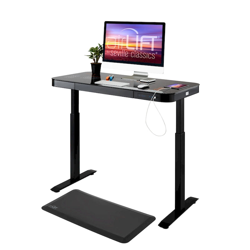 AIRLIFT Plateau de bureau électrique debout en verre trempé de 47,5 pouces, double port de charge USB 2,4 A, hauteur réglable jusqu'à 47,5 pouces de haut