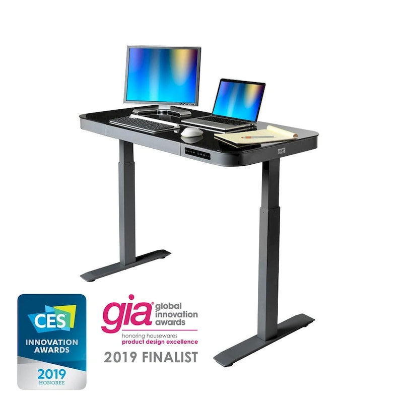 AIRLIFT Plateau de bureau électrique debout en verre trempé de 47,5 pouces, double port de charge USB 2,4 A, hauteur réglable jusqu'à 47,5 pouces de haut