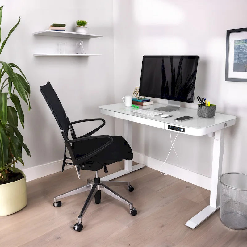 AIRLIFT Plateau de bureau électrique debout en verre trempé de 47,5 pouces, double port de charge USB 2,4 A, hauteur réglable jusqu'à 47,5 pouces de haut