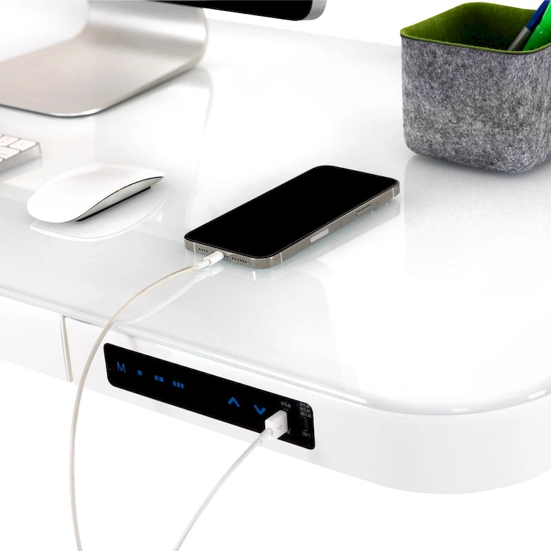 AIRLIFT Plateau de bureau électrique debout en verre trempé de 47,5 pouces, double port de charge USB 2,4 A, hauteur réglable jusqu'à 47,5 pouces de haut