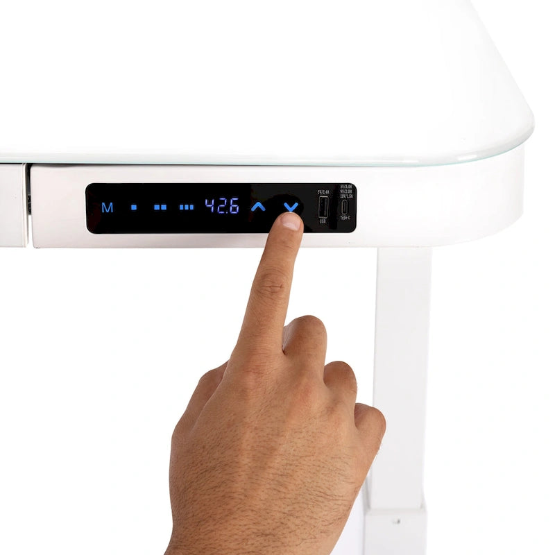 AIRLIFT Plateau de bureau électrique debout en verre trempé de 47,5 pouces, double port de charge USB 2,4 A, hauteur réglable jusqu'à 47,5 pouces de haut