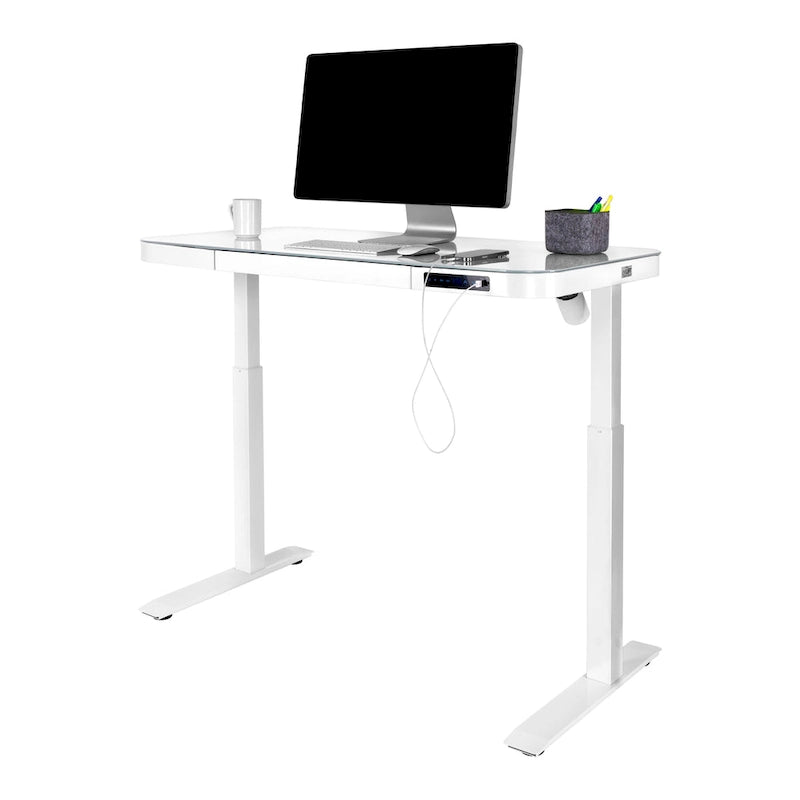 AIRLIFT Plateau de bureau électrique debout en verre trempé de 47,5 pouces, double port de charge USB 2,4 A, hauteur réglable jusqu'à 47,5 pouces de haut