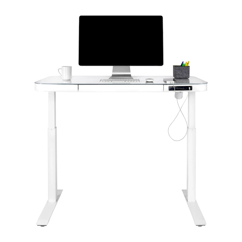 AIRLIFT Plateau de bureau électrique debout en verre trempé de 47,5 pouces, double port de charge USB 2,4 A, hauteur réglable jusqu'à 47,5 pouces de haut