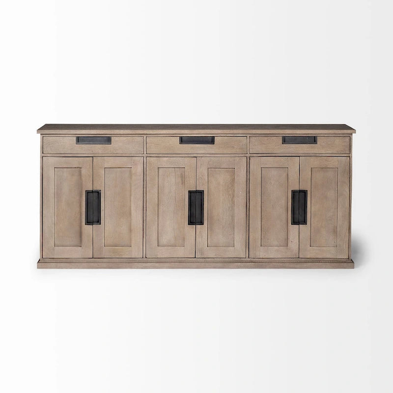 Buffet Braxton III en bois massif brun naturel avec 3 tiroirs et 6 portes - 81,5L x 18,5P x 36,0H