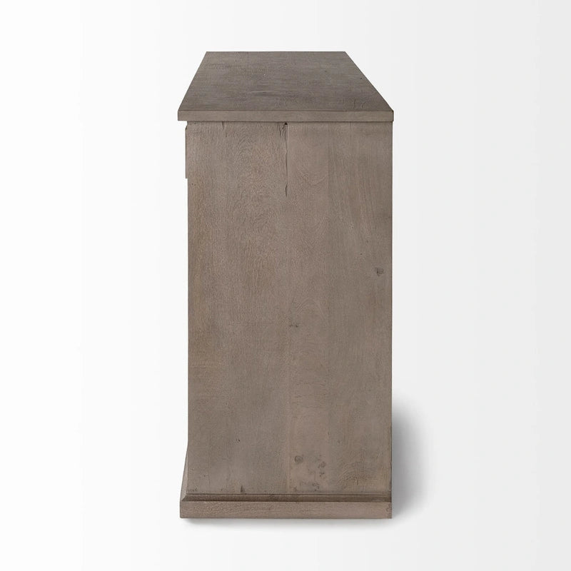 Buffet Braxton III en bois massif brun naturel avec 3 tiroirs et 6 portes - 81,5L x 18,5P x 36,0H