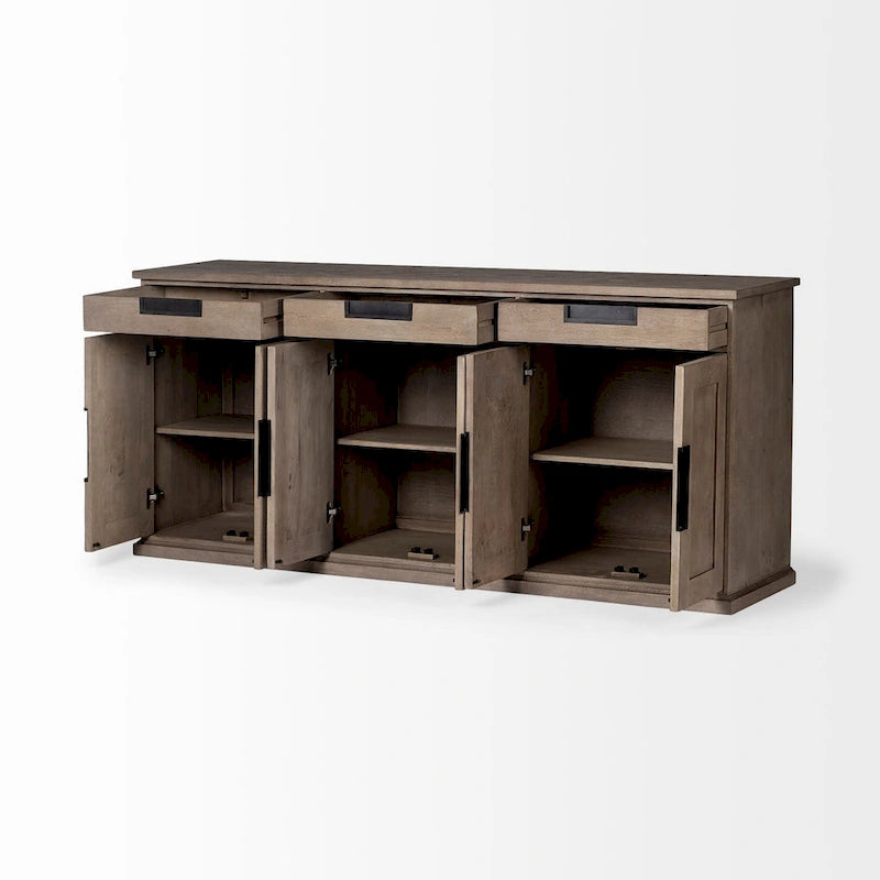 Buffet Braxton III en bois massif brun naturel avec 3 tiroirs et 6 portes - 81,5L x 18,5P x 36,0H