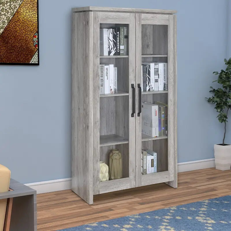 Vitrine spacieuse en bois avec deux portes vitrées, grise