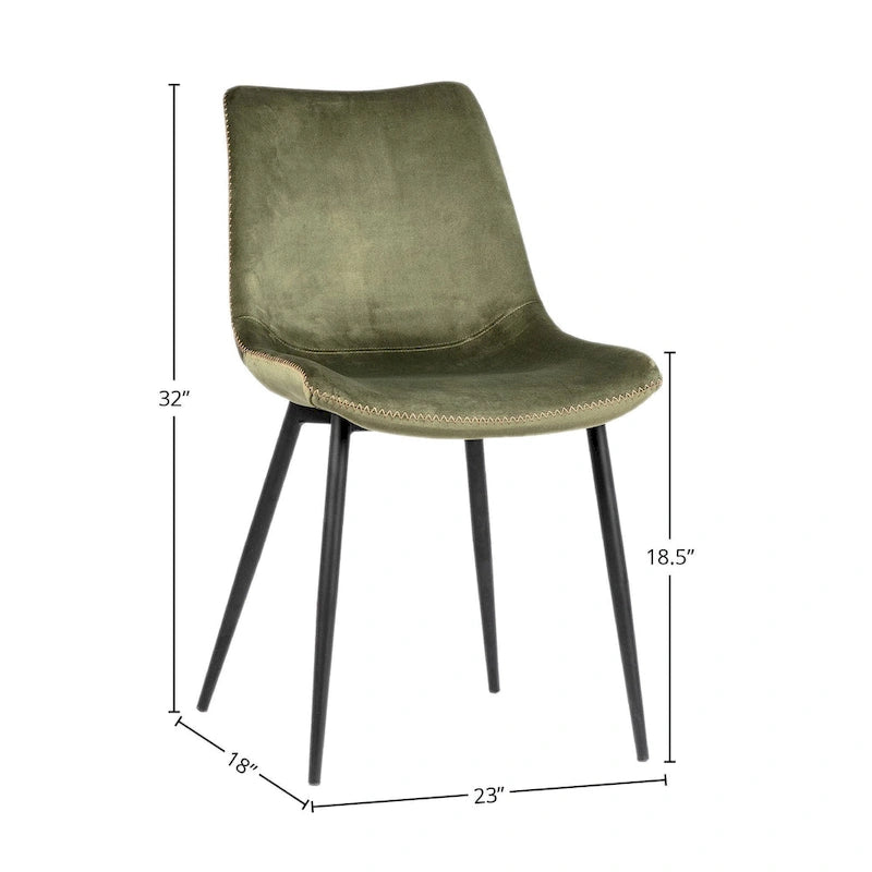 Chaise de salle à manger latérale Hazel en velours, pieds coniques noirs, vert olive