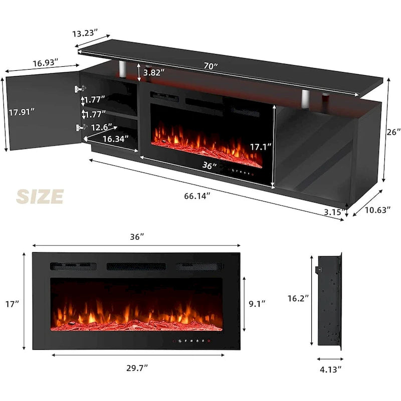 Meuble TV EROMMY 70 avec foyer électrique 36", console TV pour téléviseurs jusqu'à 80" pour salon, noir - 36