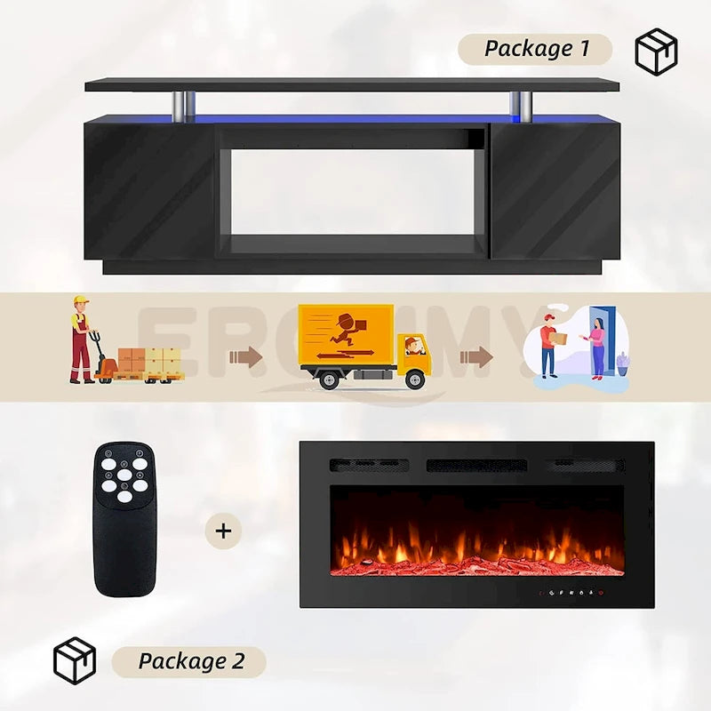 Meuble TV EROMMY 70 avec foyer électrique 36", console TV pour téléviseurs jusqu'à 80" pour salon, noir - 36