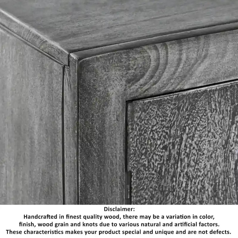Zera, armoire d'appoint artisanale de 99 cm avec 2 portes, motifs médaillon gravés, bois de manguier gris sablé, support en fer noir