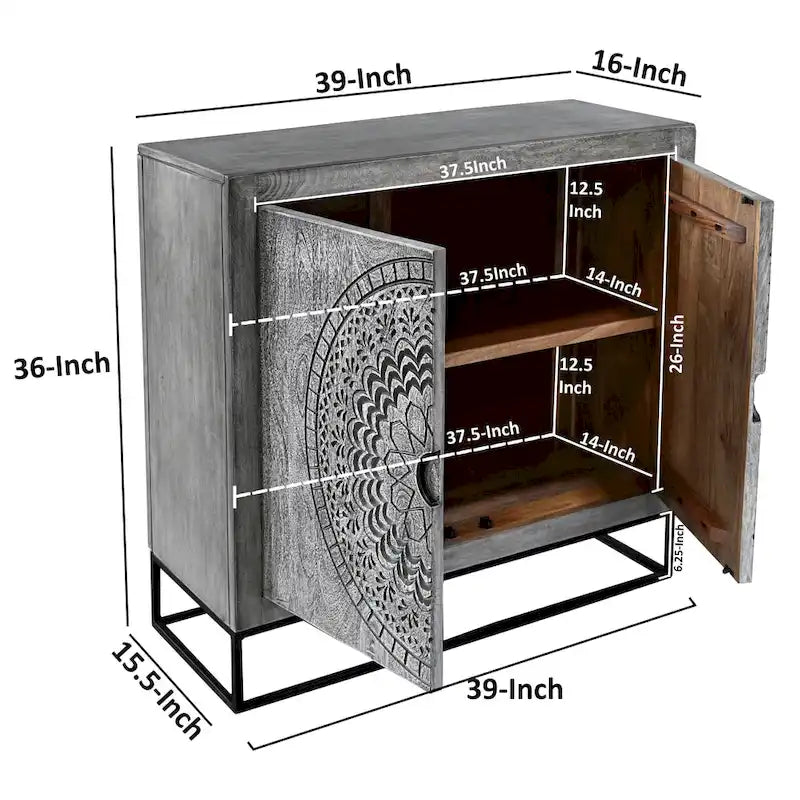 Zera, armoire d'appoint artisanale de 99 cm avec 2 portes, motifs médaillon gravés, bois de manguier gris sablé, support en fer noir
