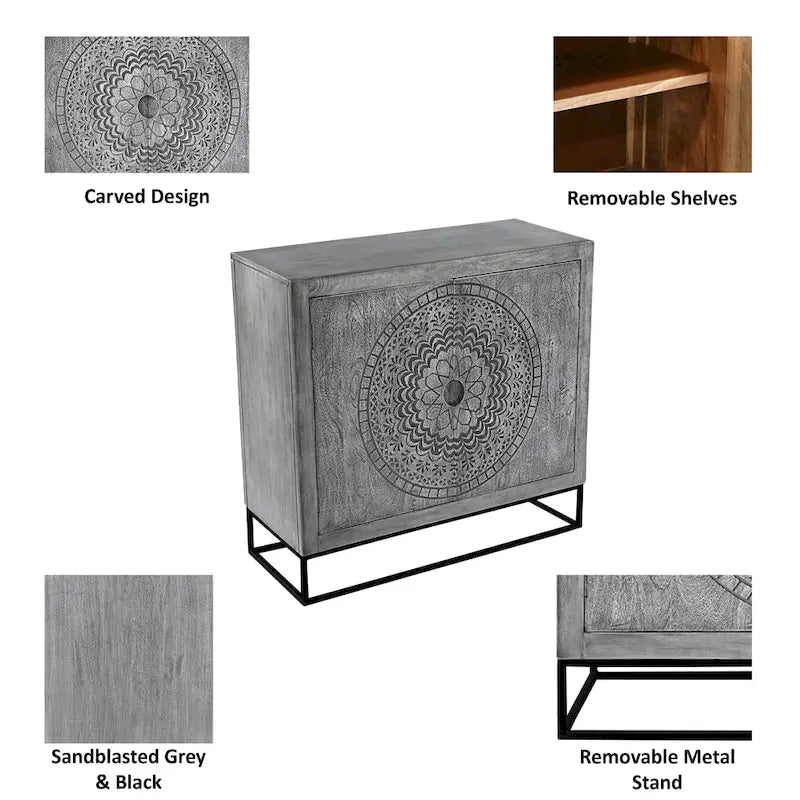 Zera, armoire d'appoint artisanale de 99 cm avec 2 portes, motifs médaillon gravés, bois de manguier gris sablé, support en fer noir