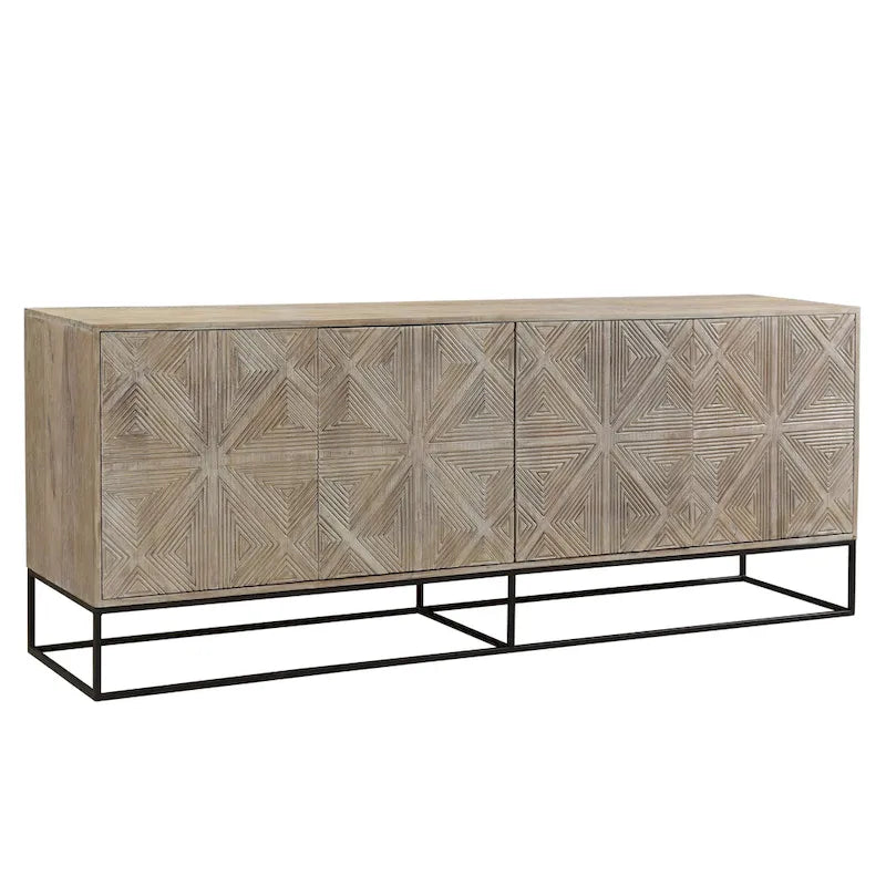 Buffet à 4 portes sculpté en bois de manguier Zion 84 avec base en fer