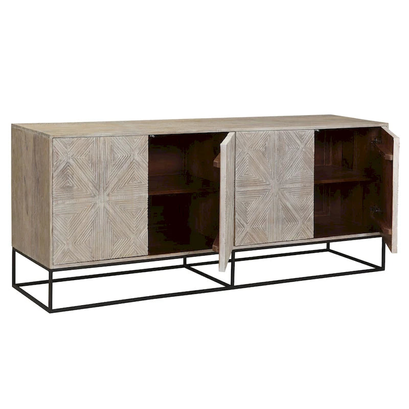 Buffet à 4 portes sculpté en bois de manguier Zion 84 avec base en fer