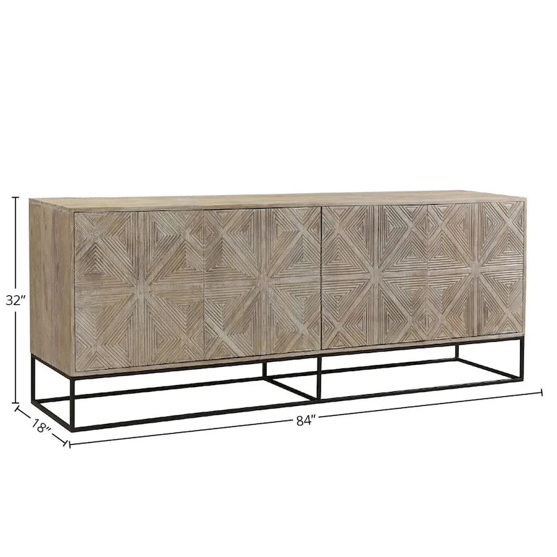 Buffet à 4 portes sculpté en bois de manguier Zion 84 avec base en fer