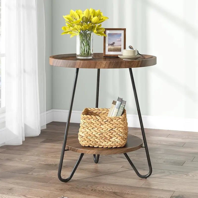 Table d'appoint ronde à 2 niveaux, bout de canapé en bois avec pieds en métal