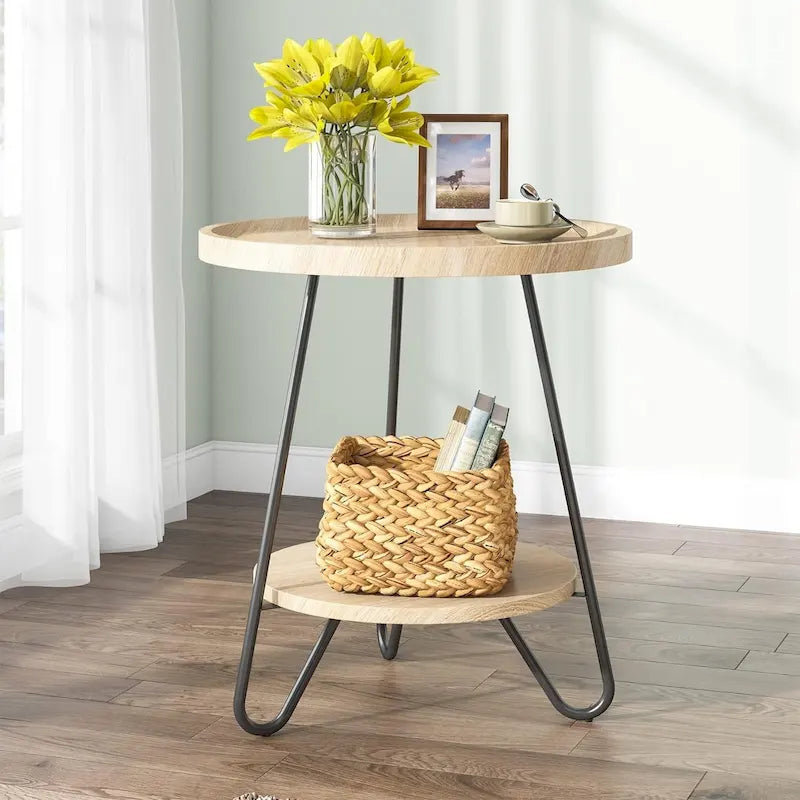 Table d'appoint ronde à 2 niveaux, bout de canapé en bois avec pieds en métal