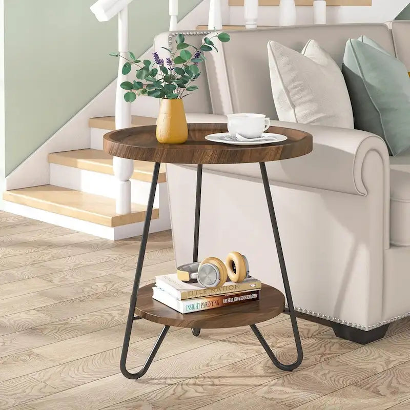 Table d'appoint ronde à 2 niveaux, bout de canapé en bois avec pieds en métal