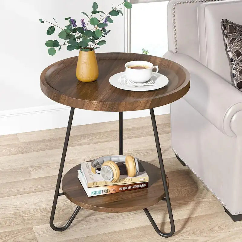 Table d'appoint ronde à 2 niveaux, bout de canapé en bois avec pieds en métal