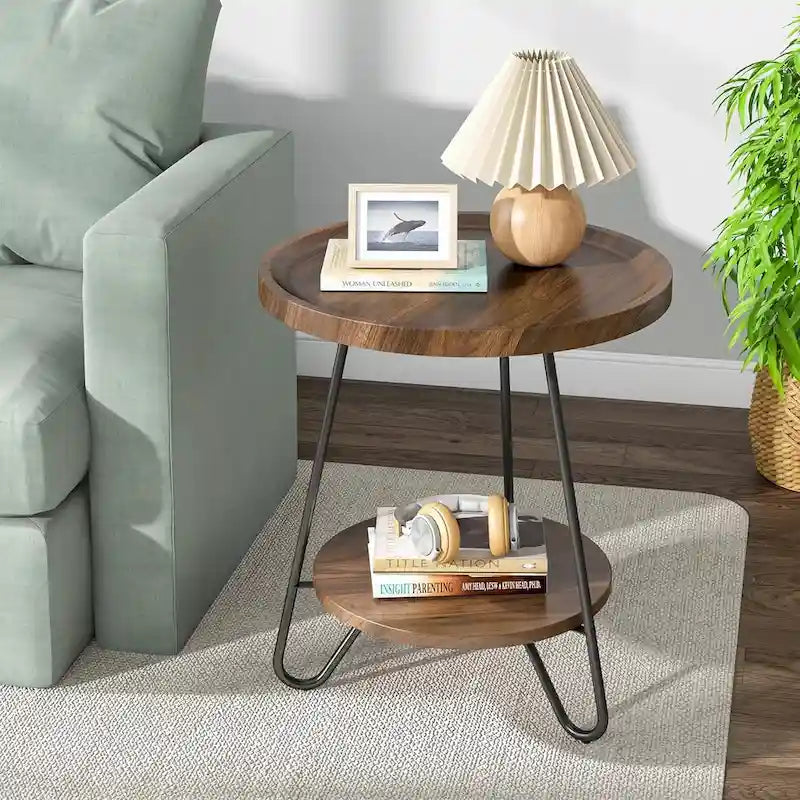 Table d'appoint ronde à 2 niveaux, bout de canapé en bois avec pieds en métal