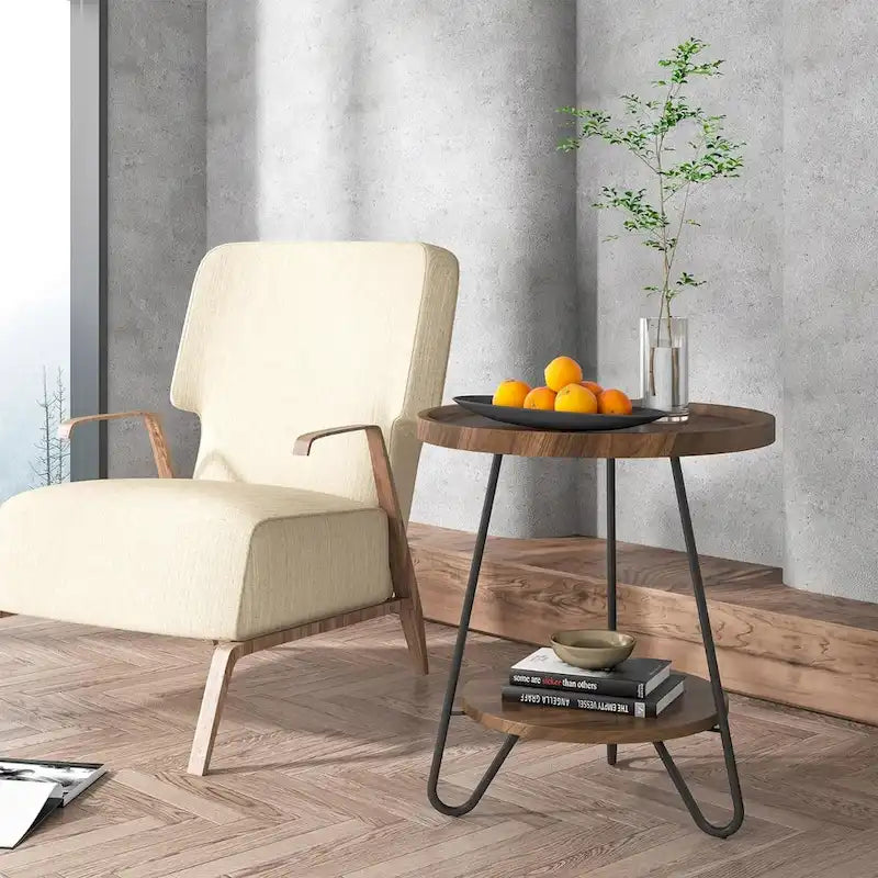 Table d'appoint ronde à 2 niveaux, bout de canapé en bois avec pieds en métal