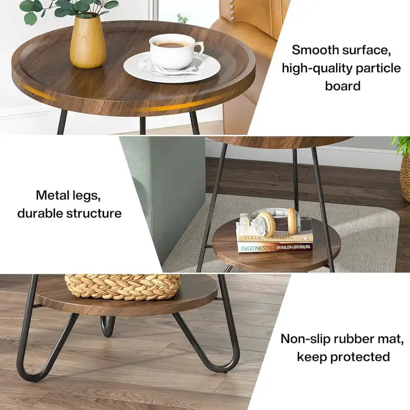 Table d'appoint ronde à 2 niveaux, bout de canapé en bois avec pieds en métal