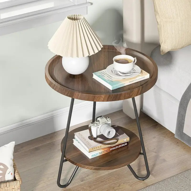 Table d'appoint ronde à 2 niveaux, bout de canapé en bois avec pieds en métal