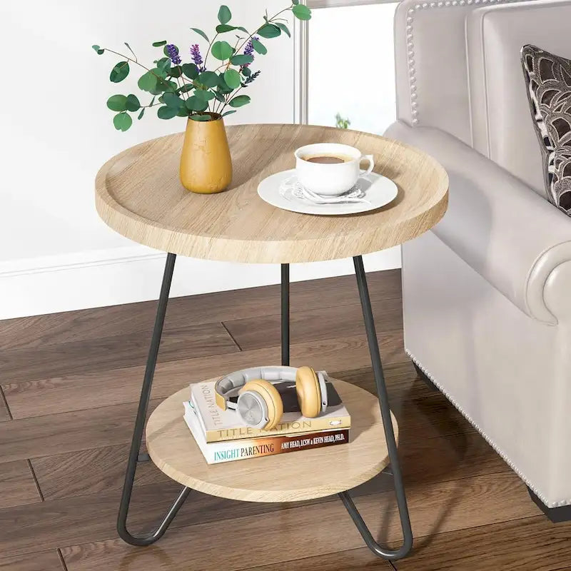 Table d'appoint ronde à 2 niveaux, bout de canapé en bois avec pieds en métal