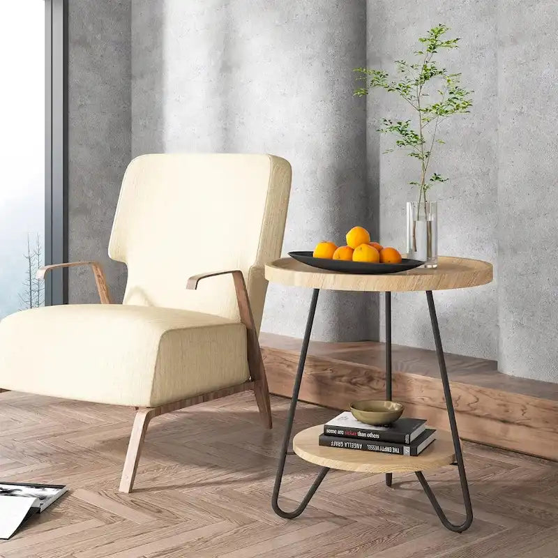 Table d'appoint ronde à 2 niveaux, bout de canapé en bois avec pieds en métal