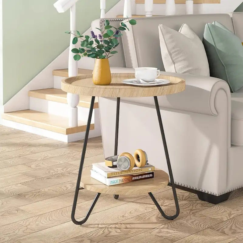 Table d'appoint ronde à 2 niveaux, bout de canapé en bois avec pieds en métal