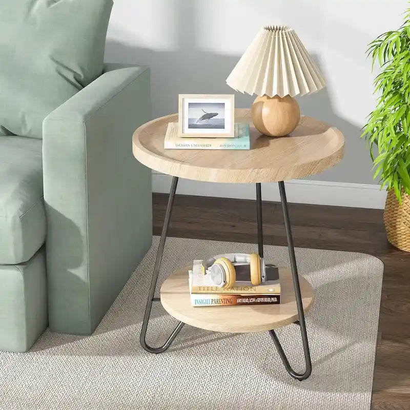 Table d'appoint ronde à 2 niveaux, bout de canapé en bois avec pieds en métal