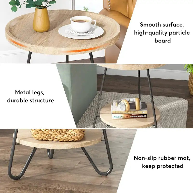 Table d'appoint ronde à 2 niveaux, bout de canapé en bois avec pieds en métal