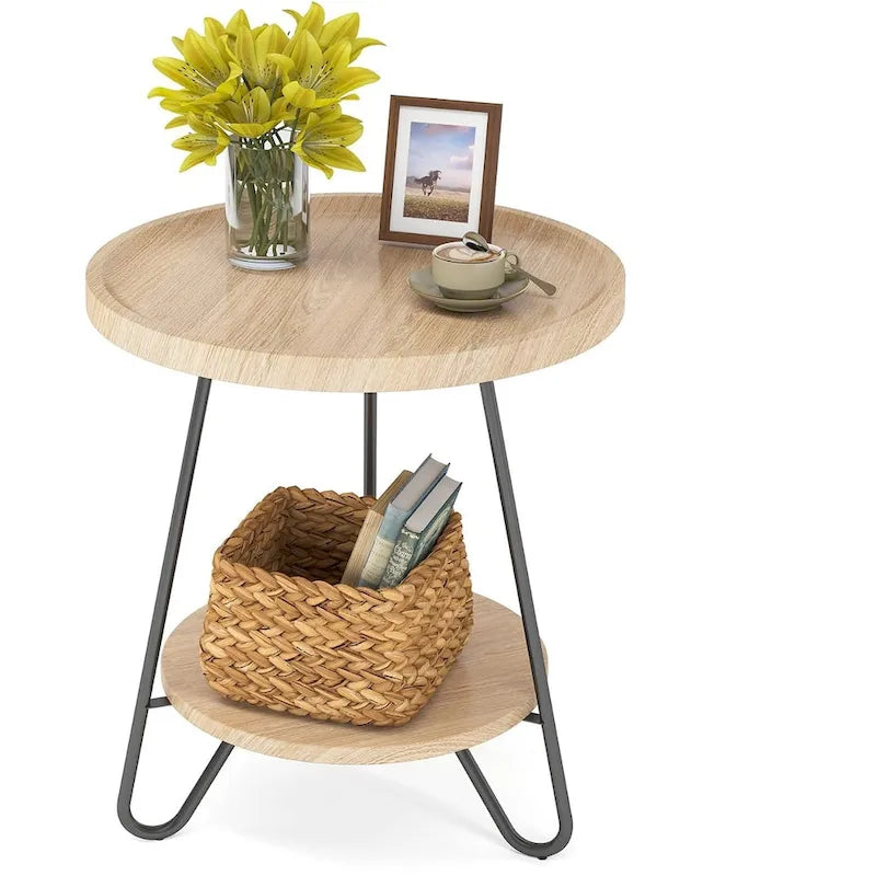 Table d'appoint ronde à 2 niveaux, bout de canapé en bois avec pieds en métal