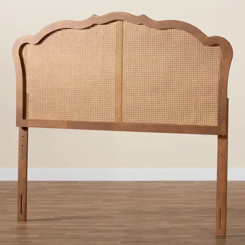 Tête de lit Leandra classique et traditionnelle en bois de frêne couleur noyer avec rotin