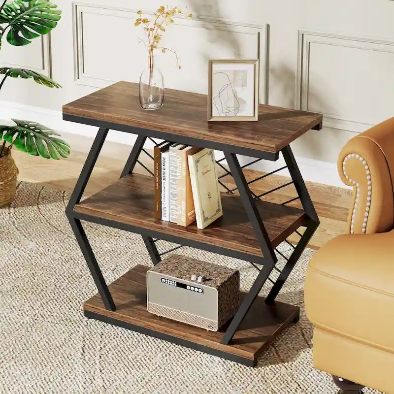 Table d'appoint rectangulaire à 3 niveaux avec cadre en métal pour salon, table de chevet pour chambre à coucher